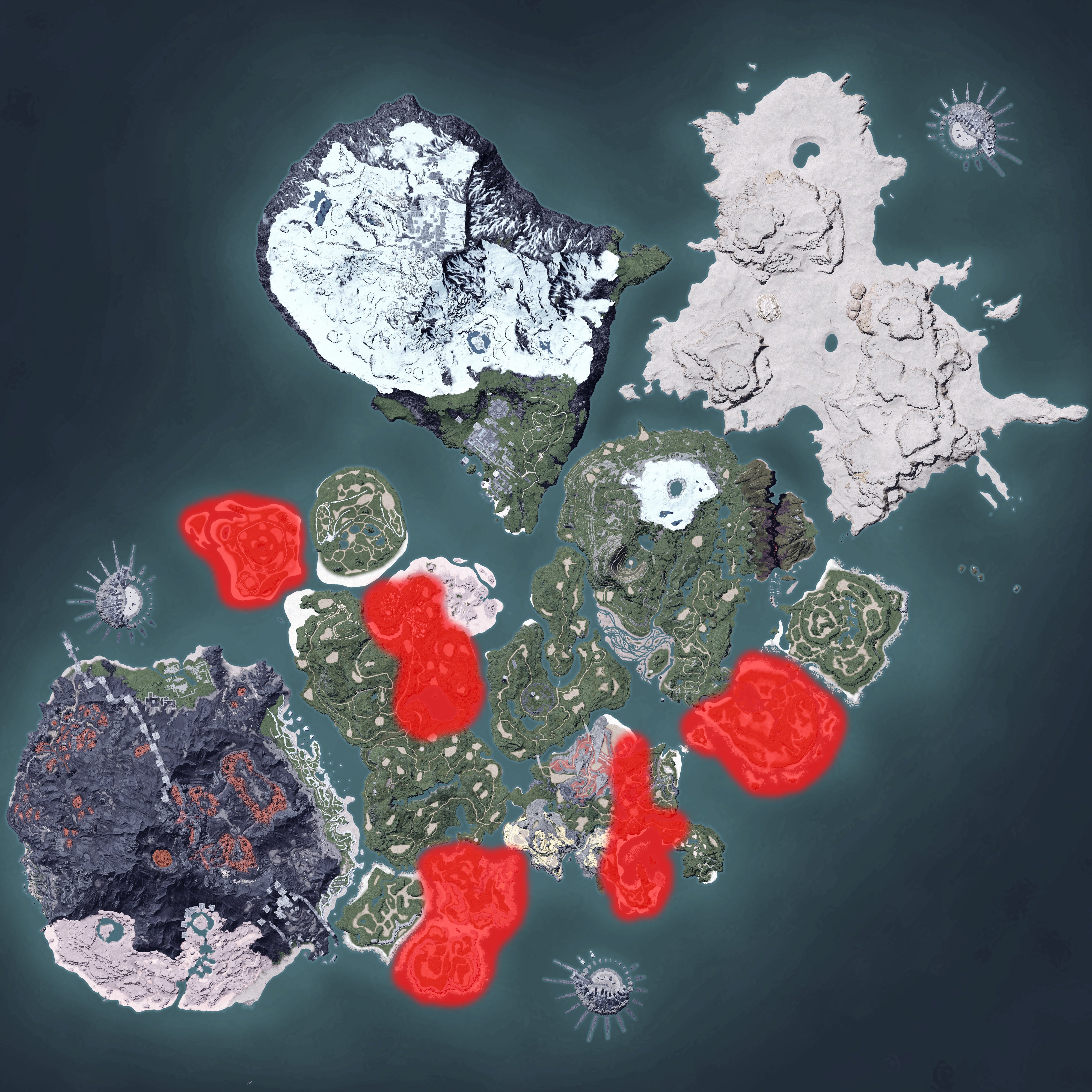 The Palworld map, with a heatmap overlay of various pal spawn locations.