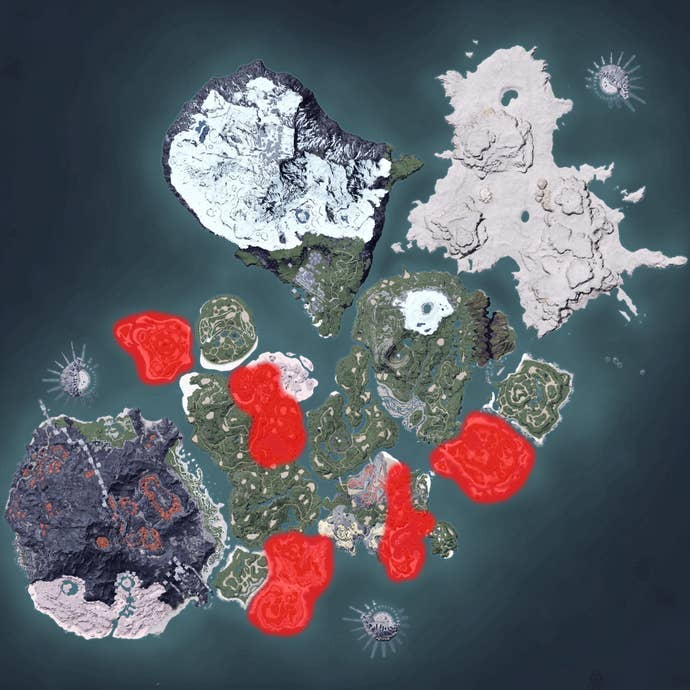 The Palworld map, with a heatmap overlay of various pal spawn locations.
