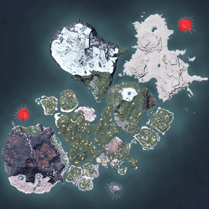 The Palworld map, with a heatmap overlay of various pal spawn locations.
