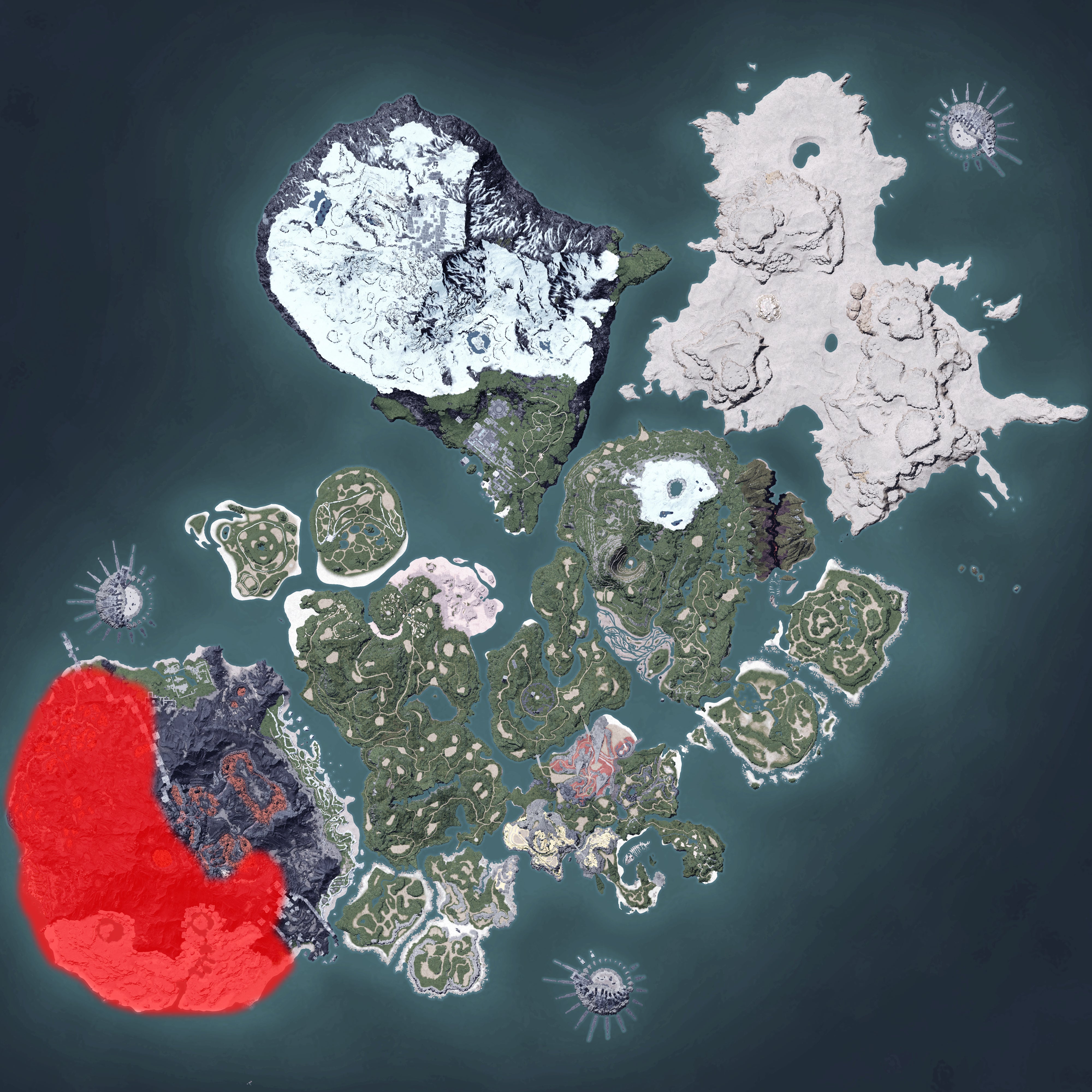 The Palworld map, with a heatmap overlay of various pal spawn locations.
