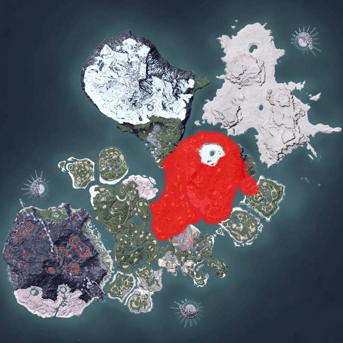 The Palworld map, with a heatmap overlay of various pal spawn locations.