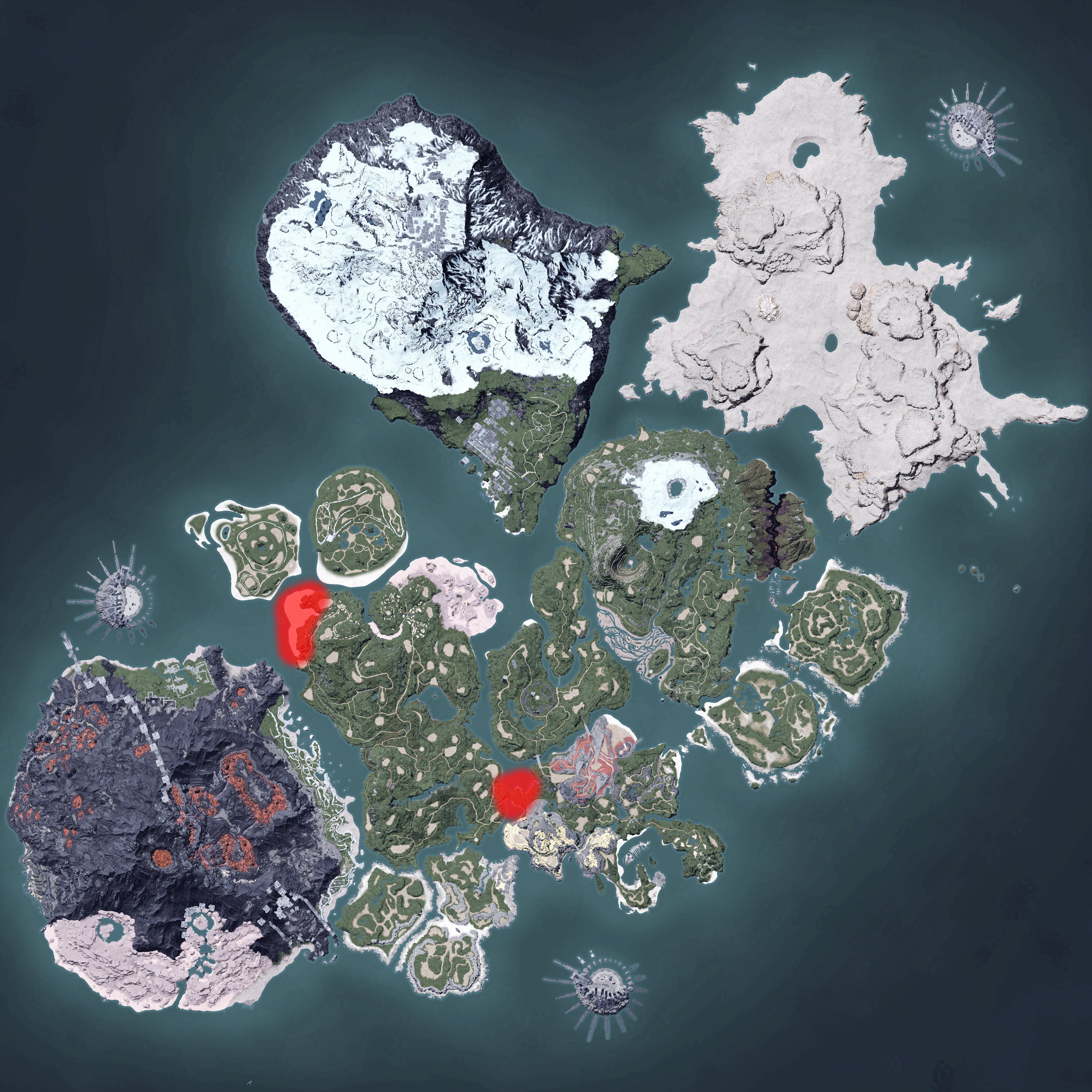 The Palworld map, with a heatmap overlay of various pal spawn locations.