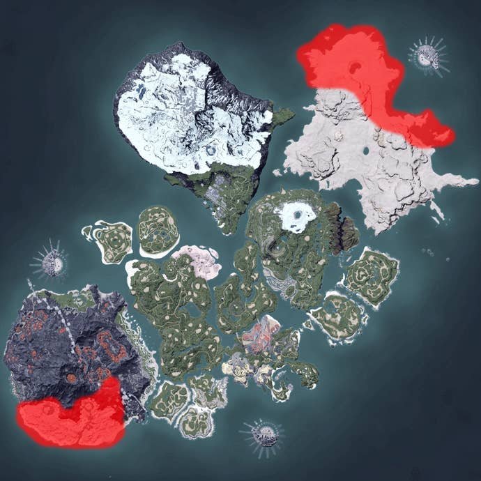 The Palworld map, with a heatmap overlay of various pal spawn locations.