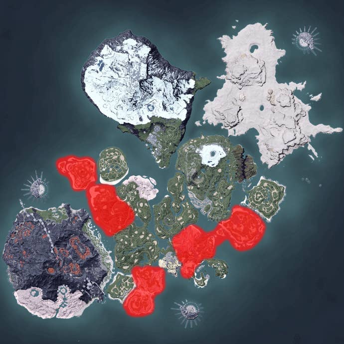 The Palworld map, with a heatmap overlay of various pal spawn locations.