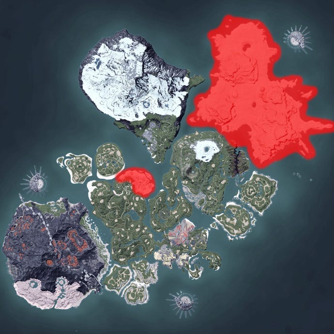 The Palworld map, with a heatmap overlay of various pal spawn locations.