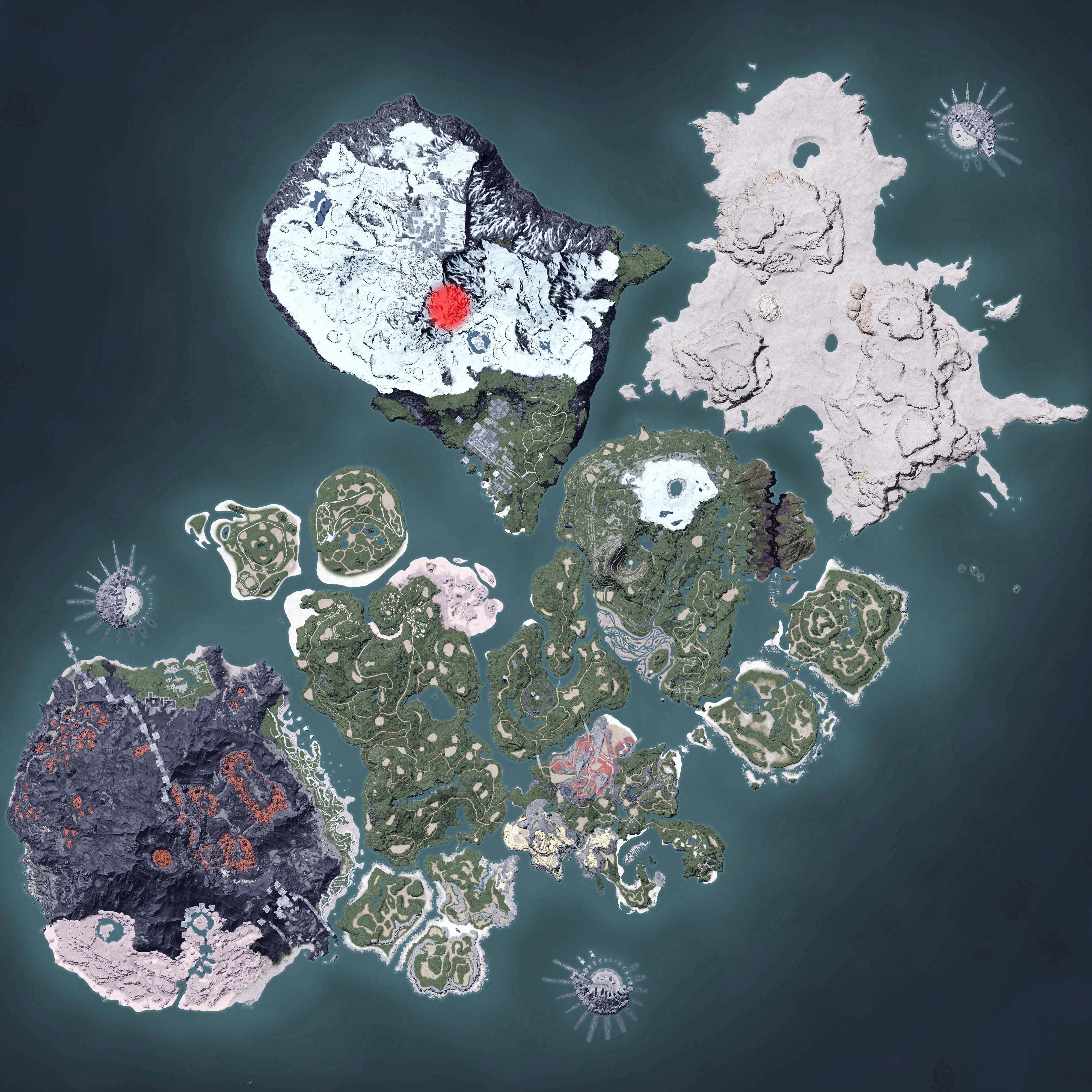 The Palworld map, with a heatmap overlay of various pal spawn locations.