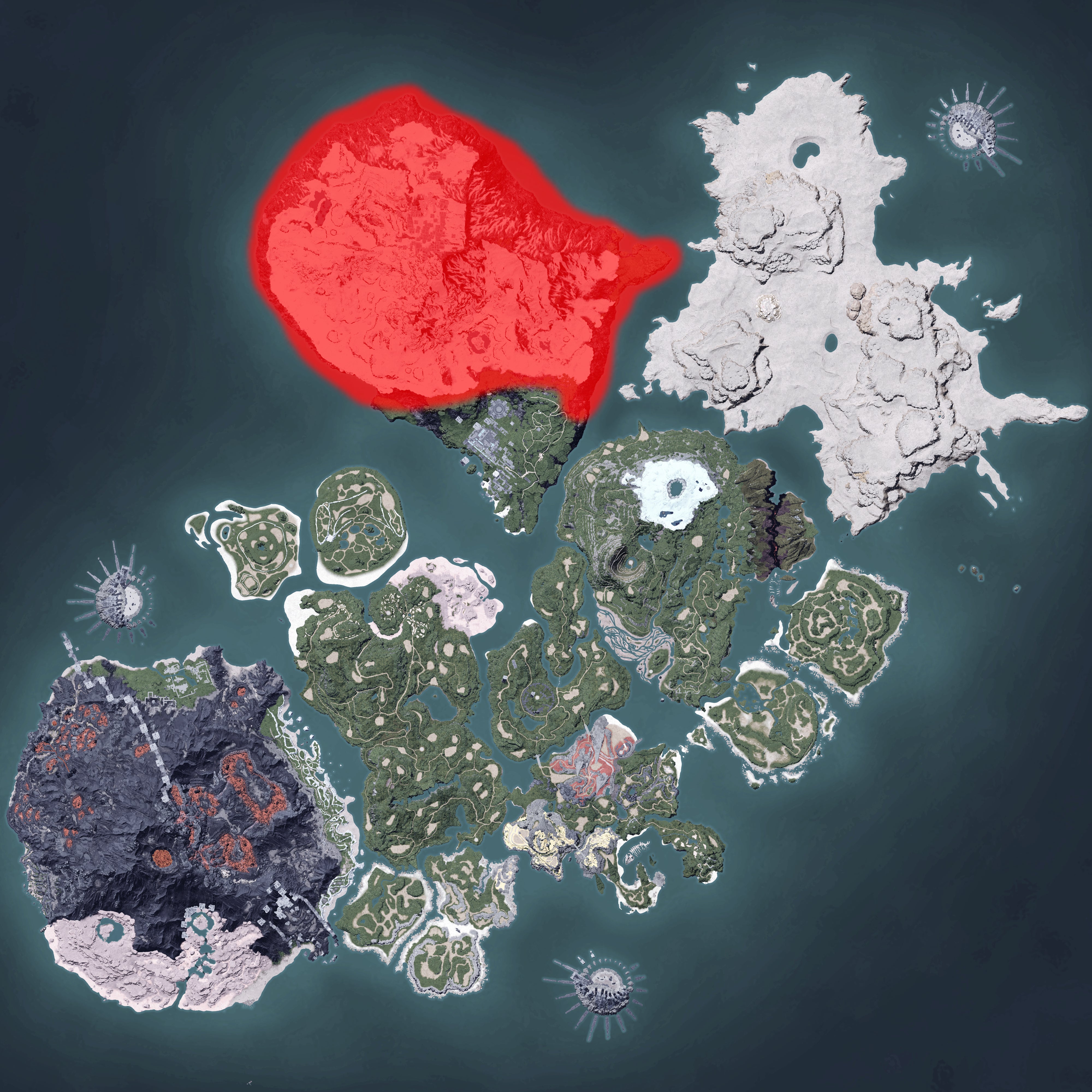The Palworld map, with a heatmap overlay of various pal spawn locations.