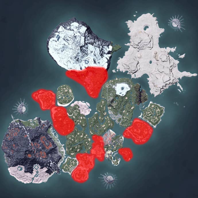 The Palworld map, with a heatmap overlay of various pal spawn locations.