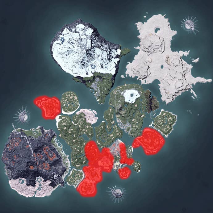 The Palworld map, with a heatmap overlay of various pal spawn locations.