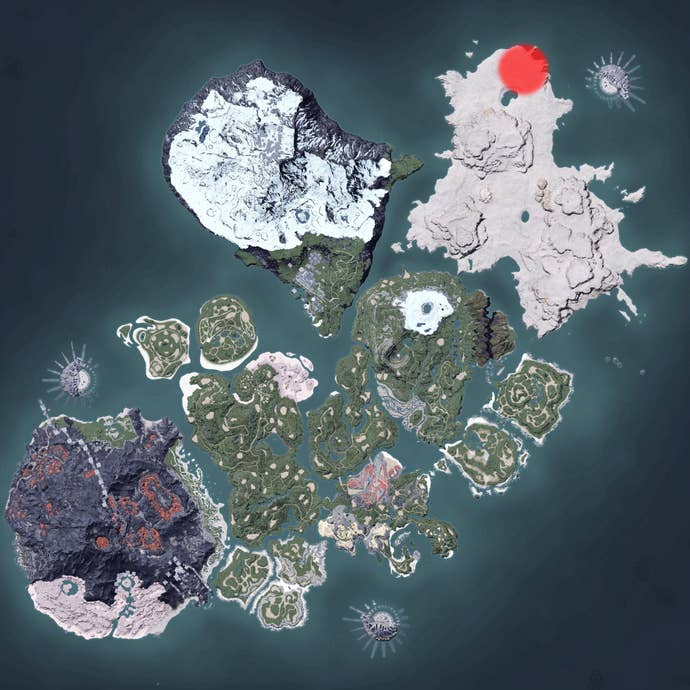 The Palworld map, with a heatmap overlay of various pal spawn locations.