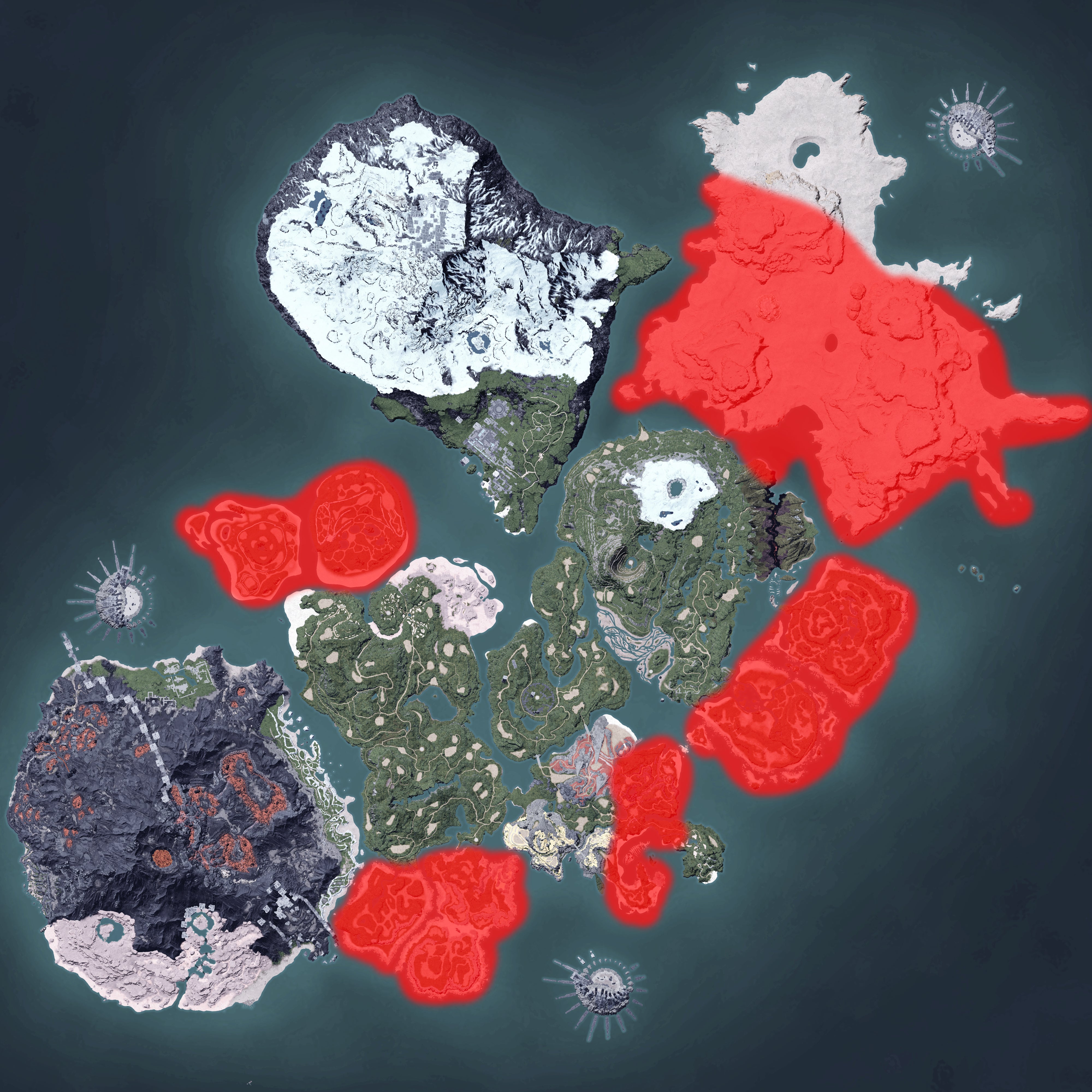 The Palworld map, with a heatmap overlay of various pal spawn locations.