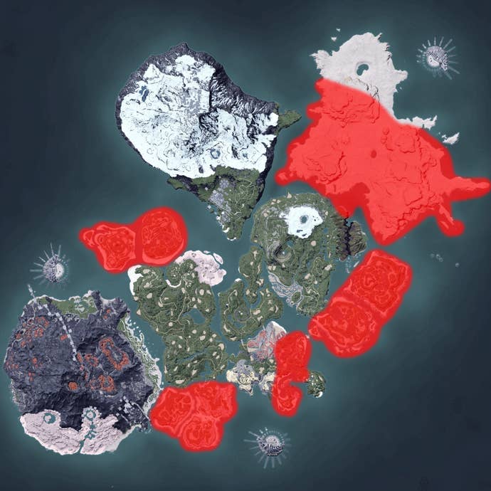 The Palworld map, with a heatmap overlay of various pal spawn locations.