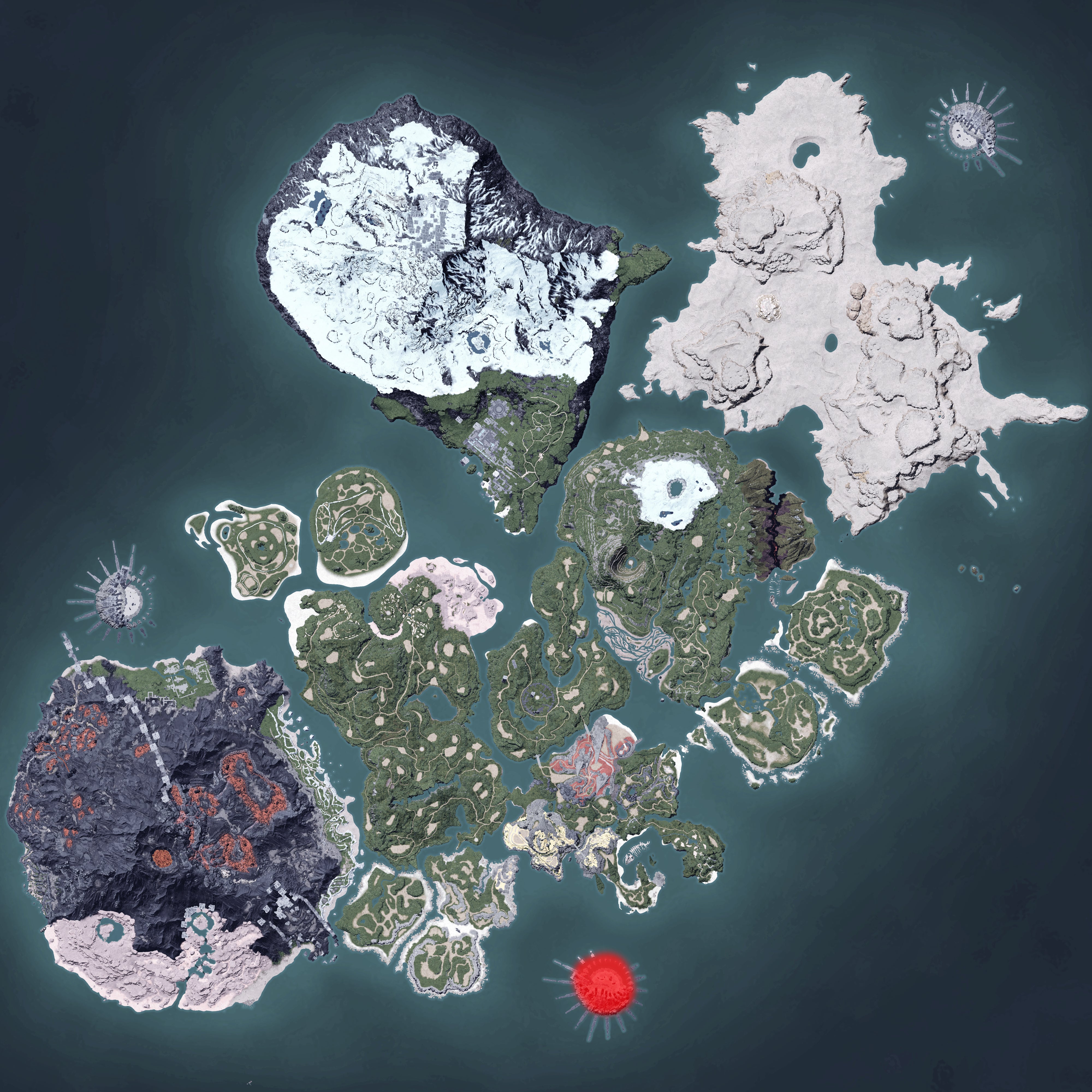 The Palworld map, with a heatmap overlay of various pal spawn locations.