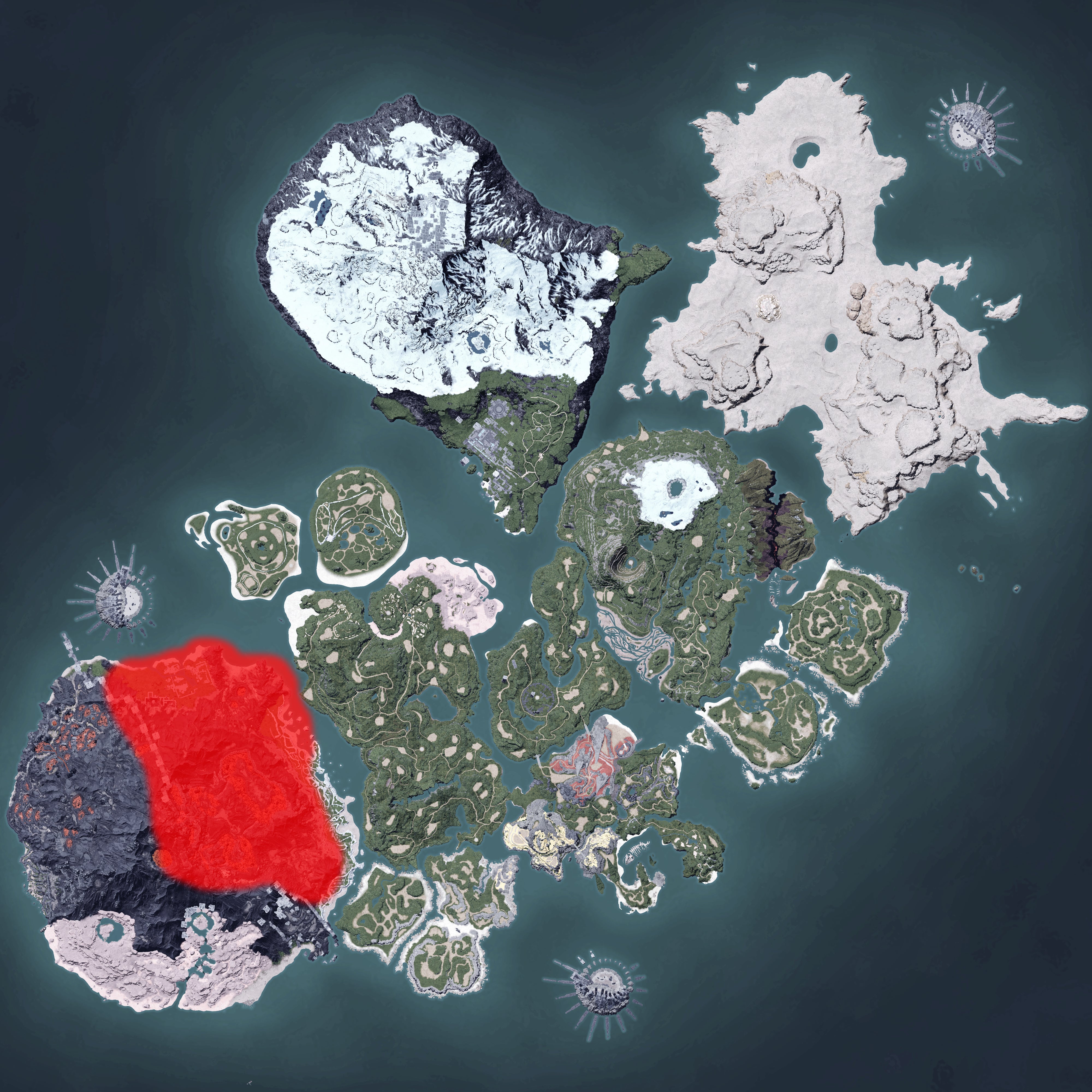 The Palworld map, with a heatmap overlay of various pal spawn locations.