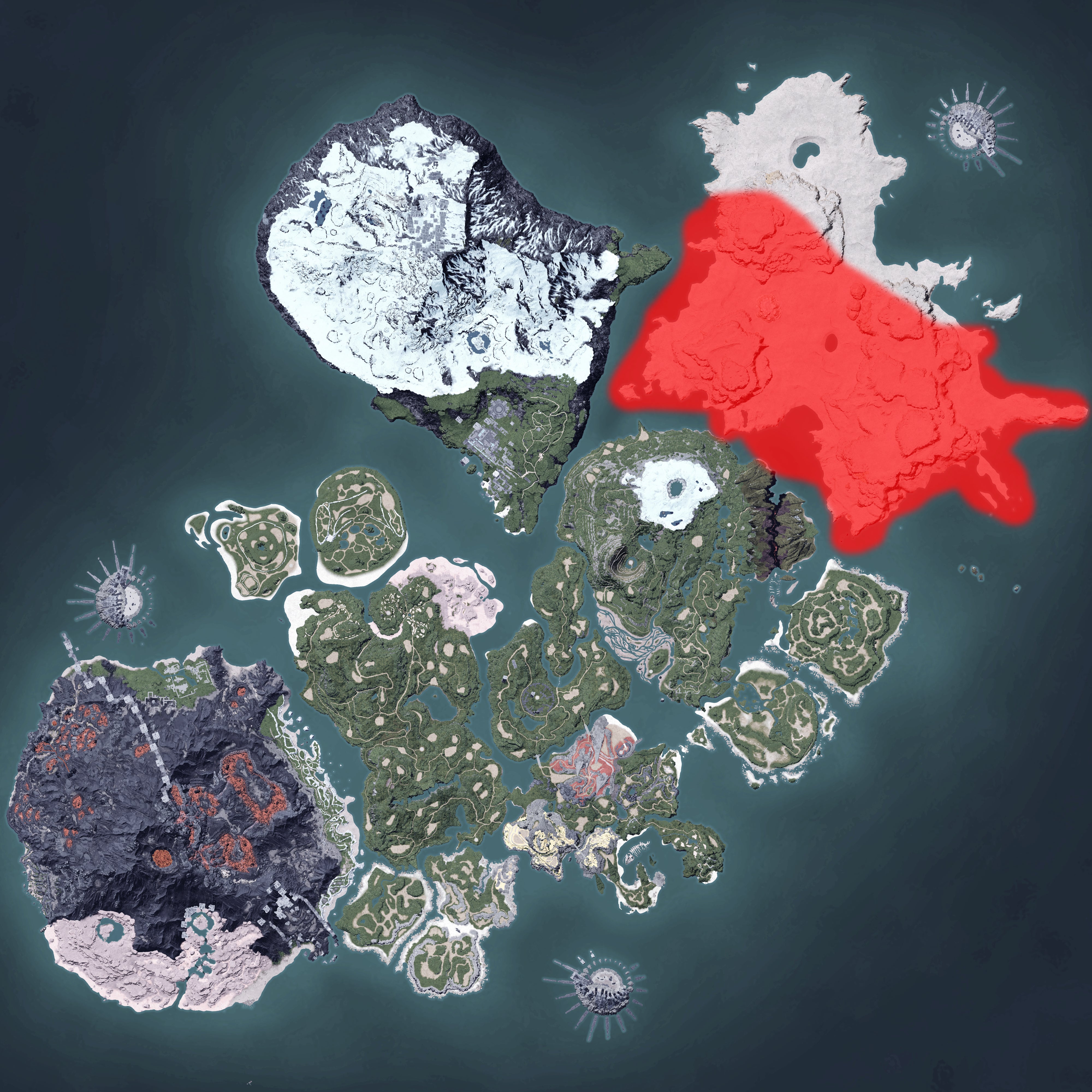 The Palworld map, with a heatmap overlay of various pal spawn locations.