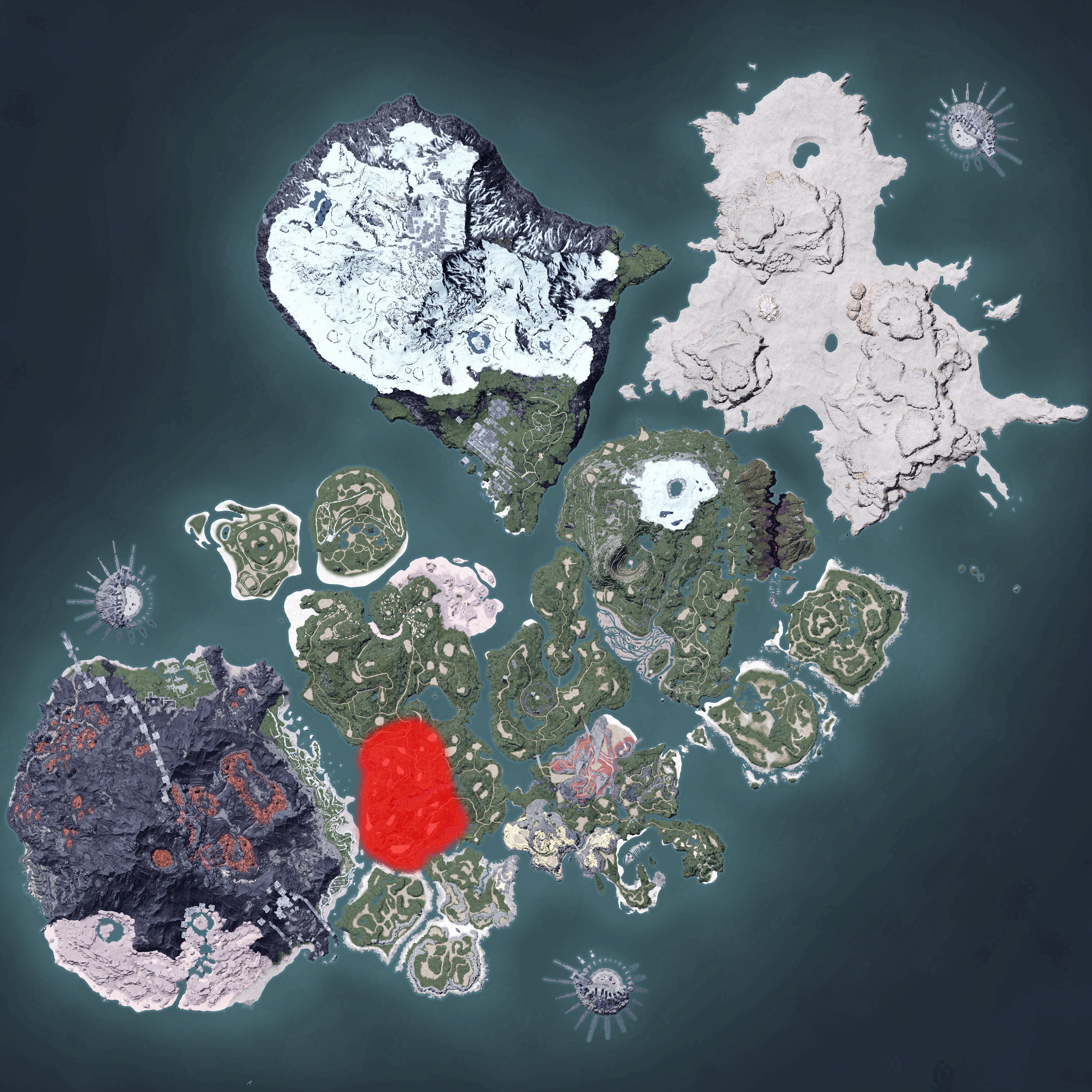 The Palworld map, with a heatmap overlay of various pal spawn locations.