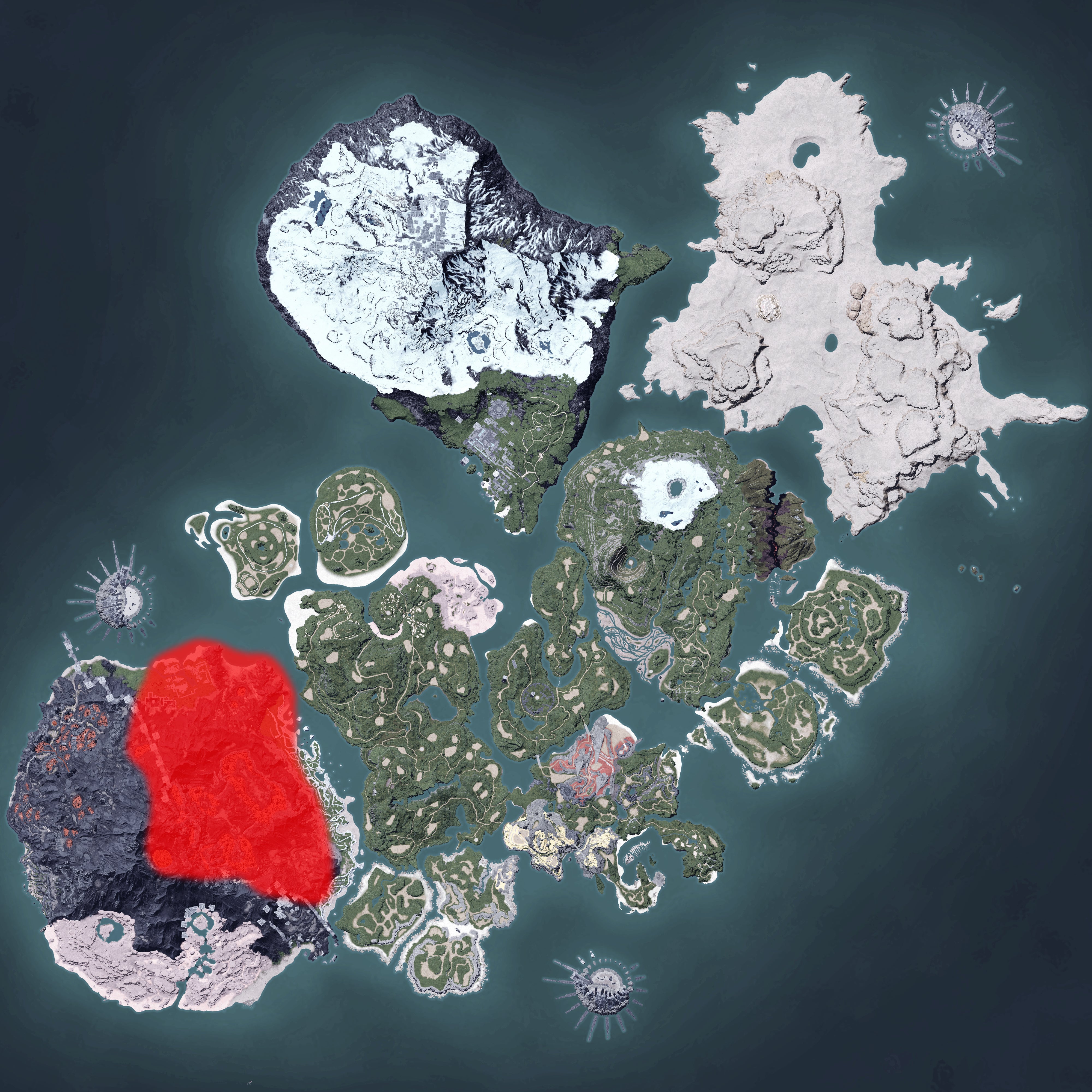 The Palworld map, with a heatmap overlay of various pal spawn locations.