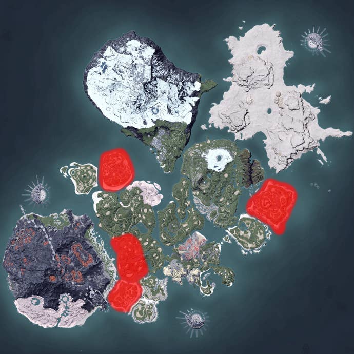 The Palworld map, with a heatmap overlay of various pal spawn locations.