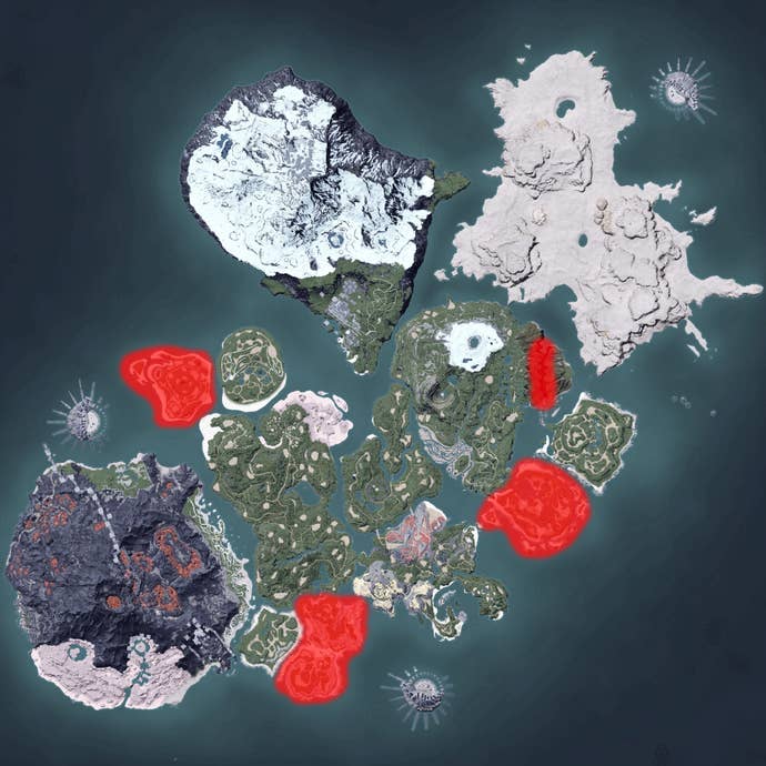 The Palworld map, with a heatmap overlay of various pal spawn locations.