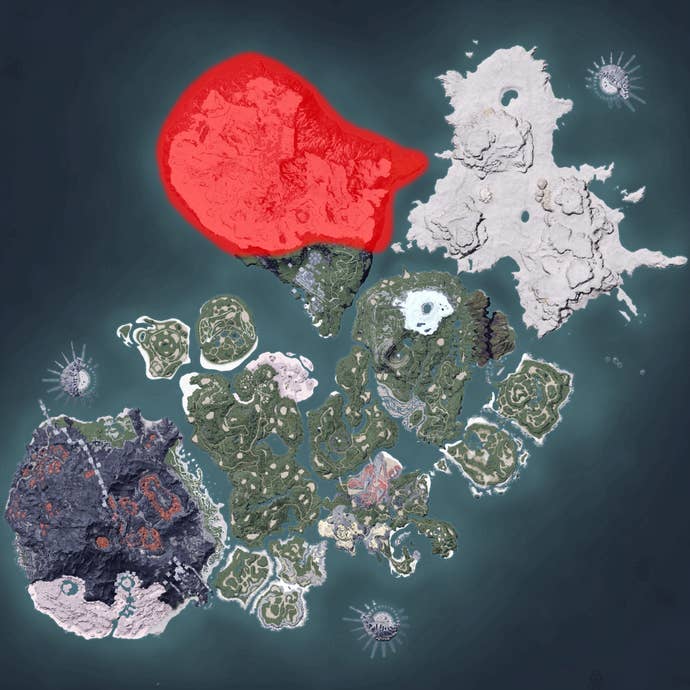 The Palworld map, with a heatmap overlay of various pal spawn locations.