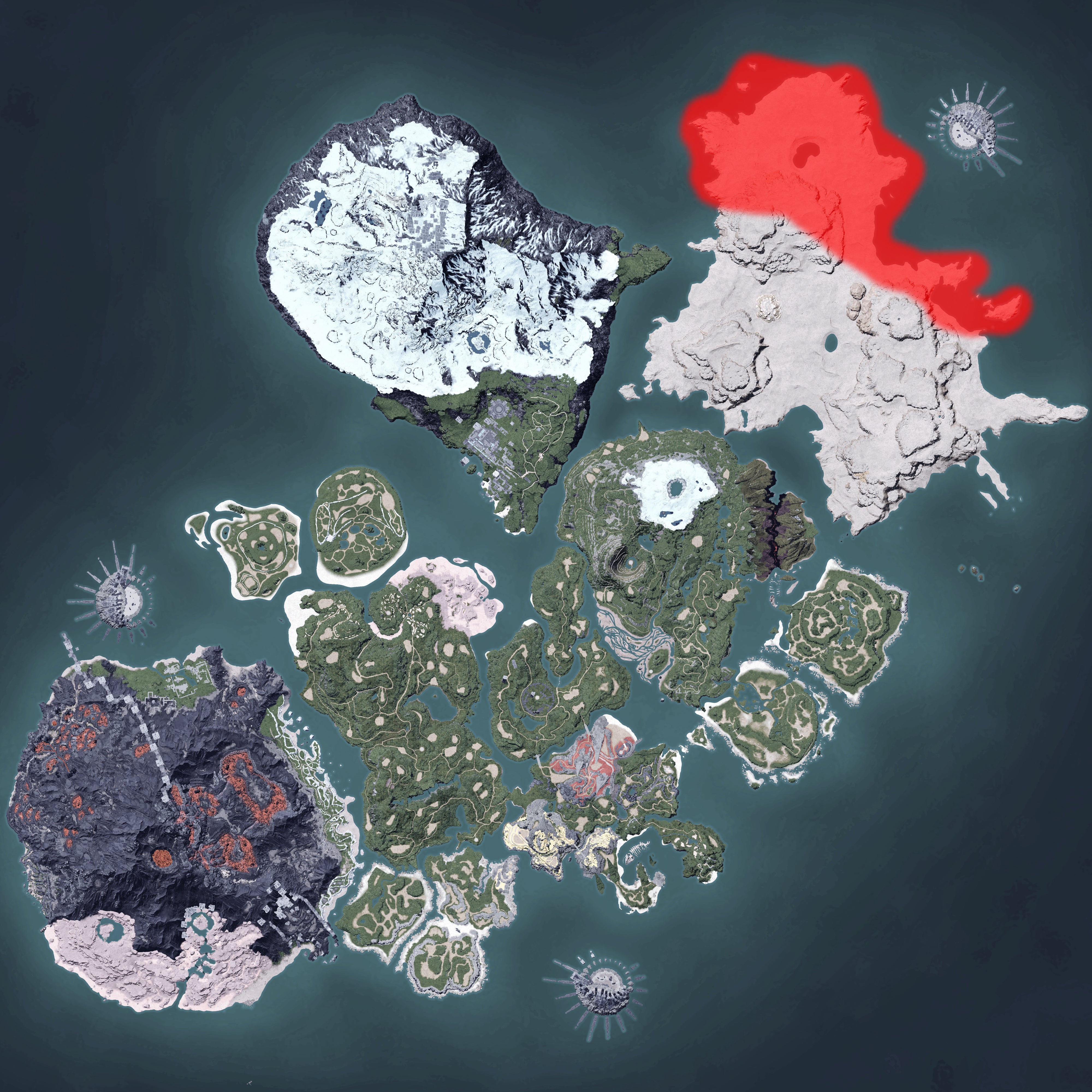 The Palworld map, with a heatmap overlay of various pal spawn locations.