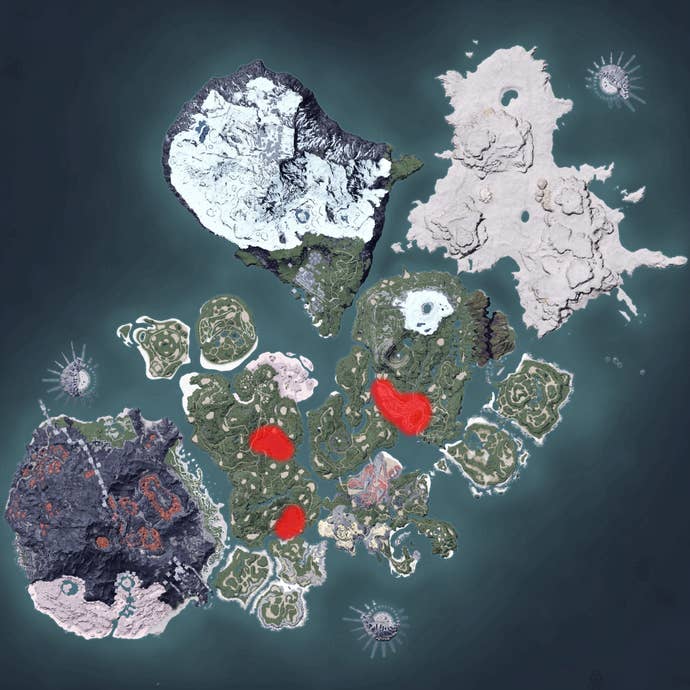 The Palworld map, with a heatmap overlay of various pal spawn locations.
