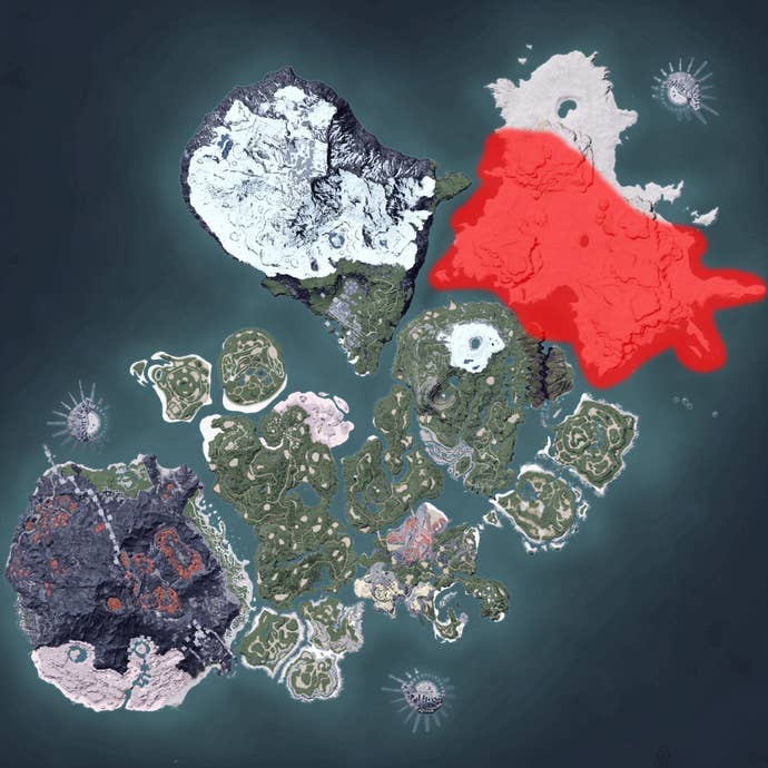 The Palworld map, with a heatmap overlay of various pal spawn locations.