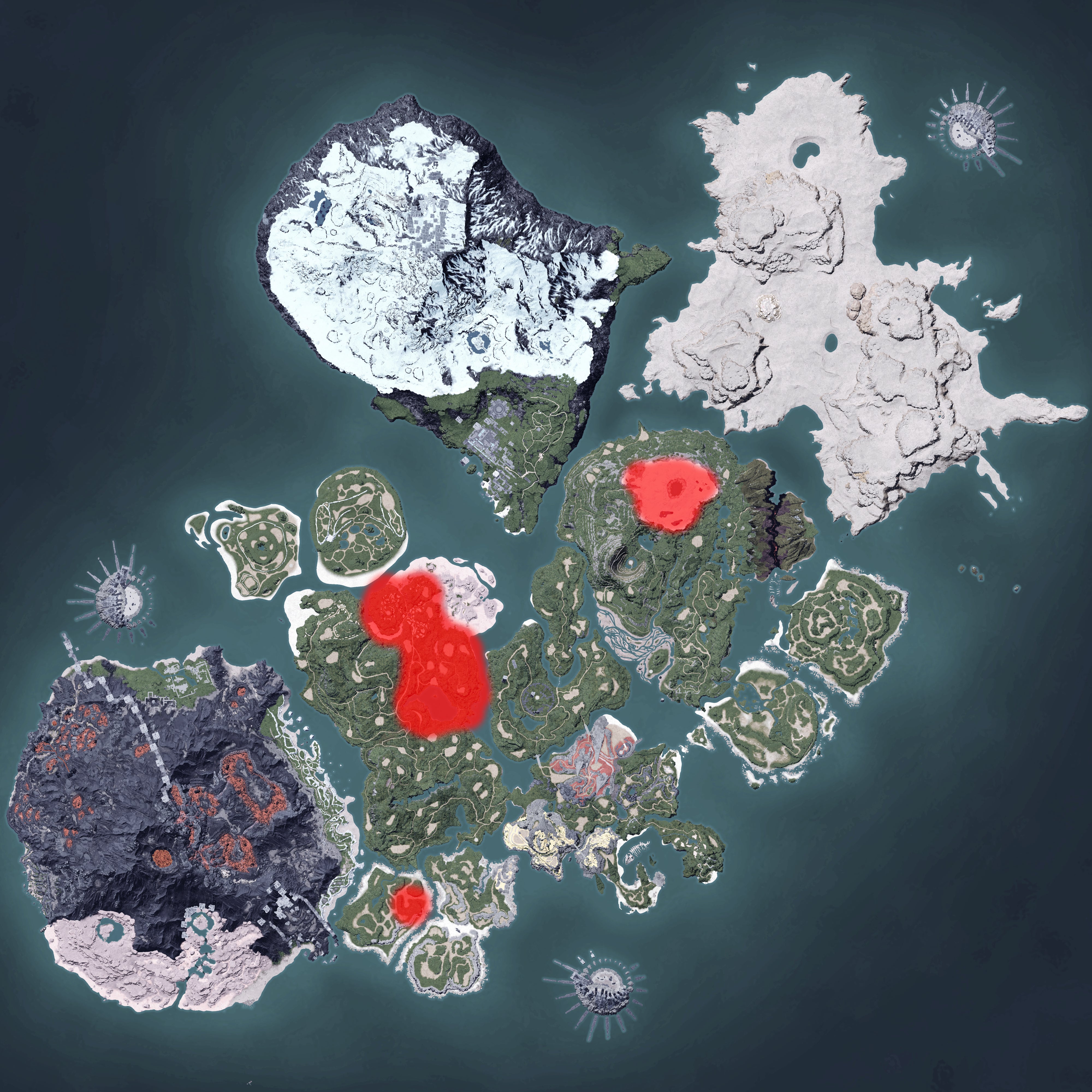The Palworld map, with a heatmap overlay of various pal spawn locations.