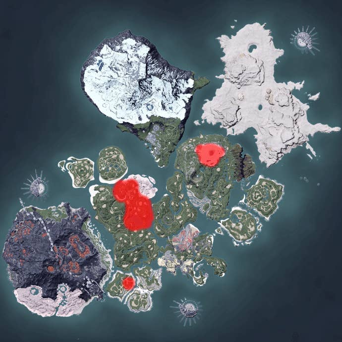 The Palworld map, with a heatmap overlay of various pal spawn locations.