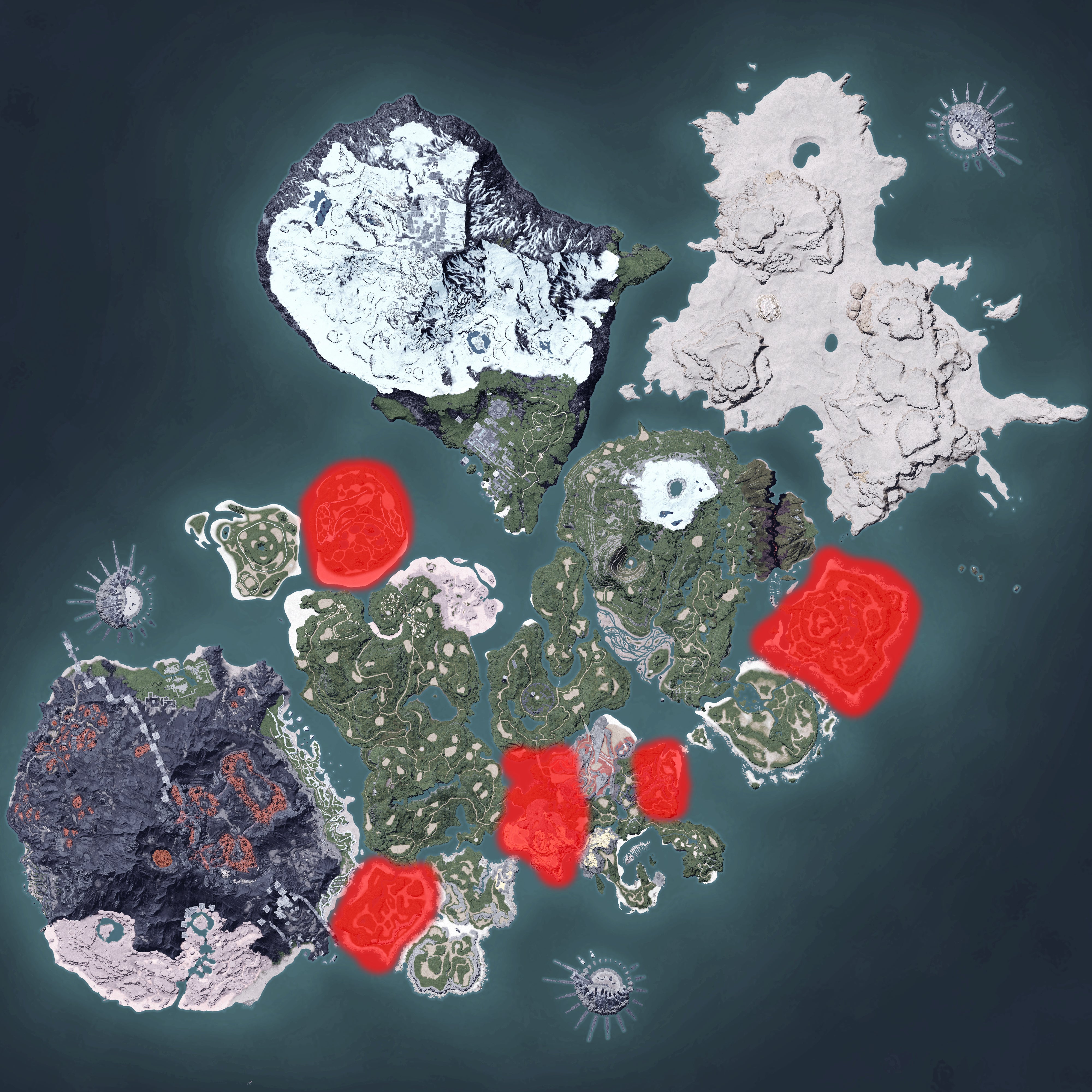 The Palworld map, with a heatmap overlay of various pal spawn locations.