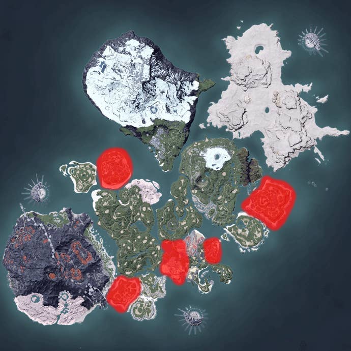 The Palworld map, with a heatmap overlay of various pal spawn locations.