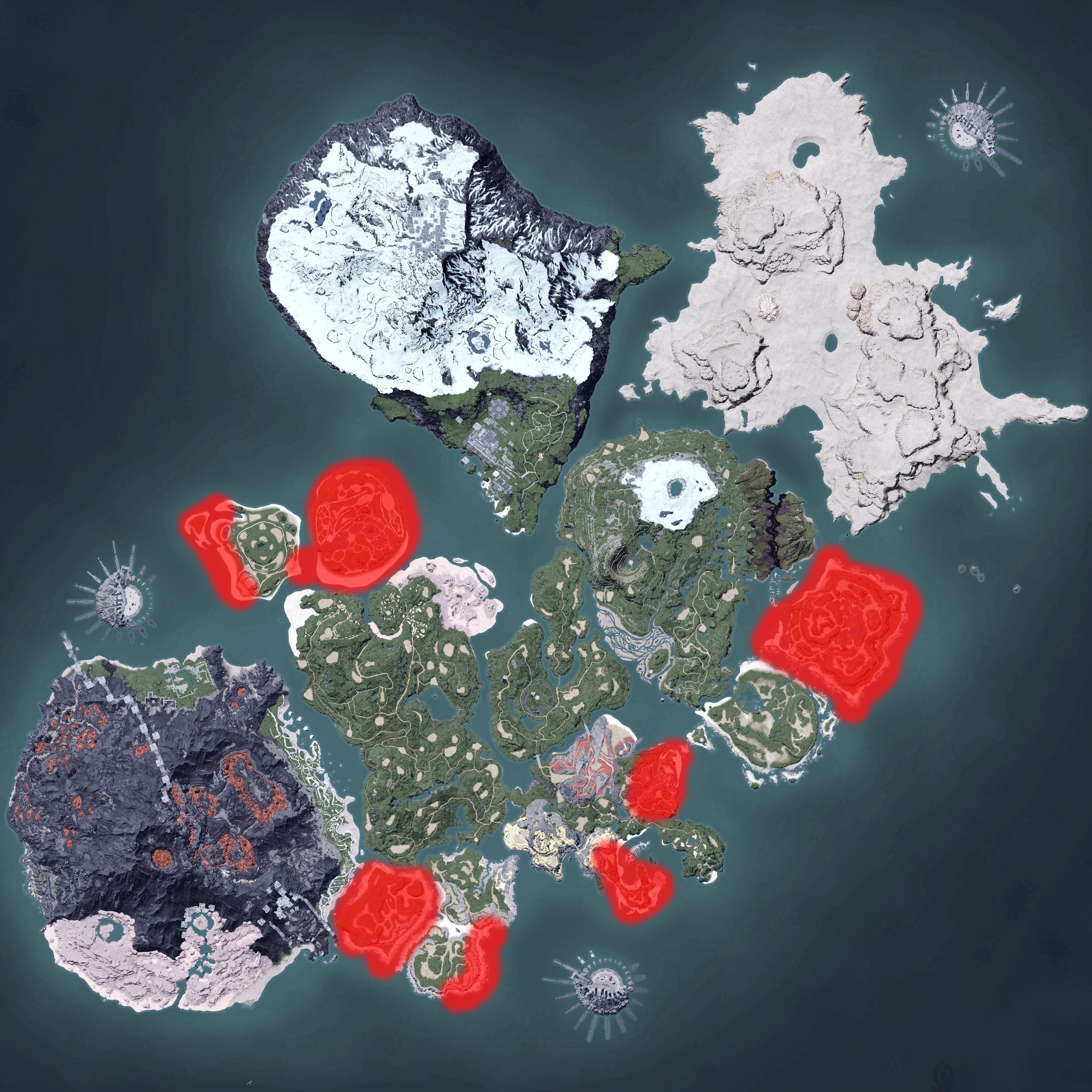 The Palworld map, with a heatmap overlay of various pal spawn locations.