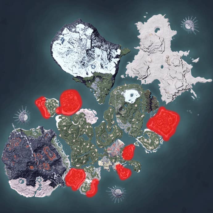 The Palworld map, with a heatmap overlay of various pal spawn locations.