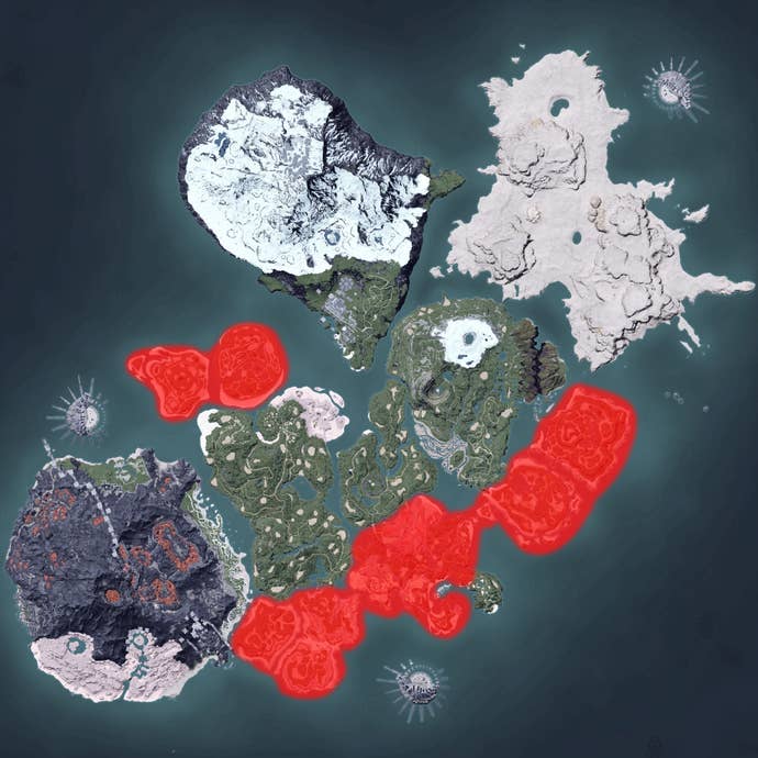 The Palworld map, with a heatmap overlay of various pal spawn locations.