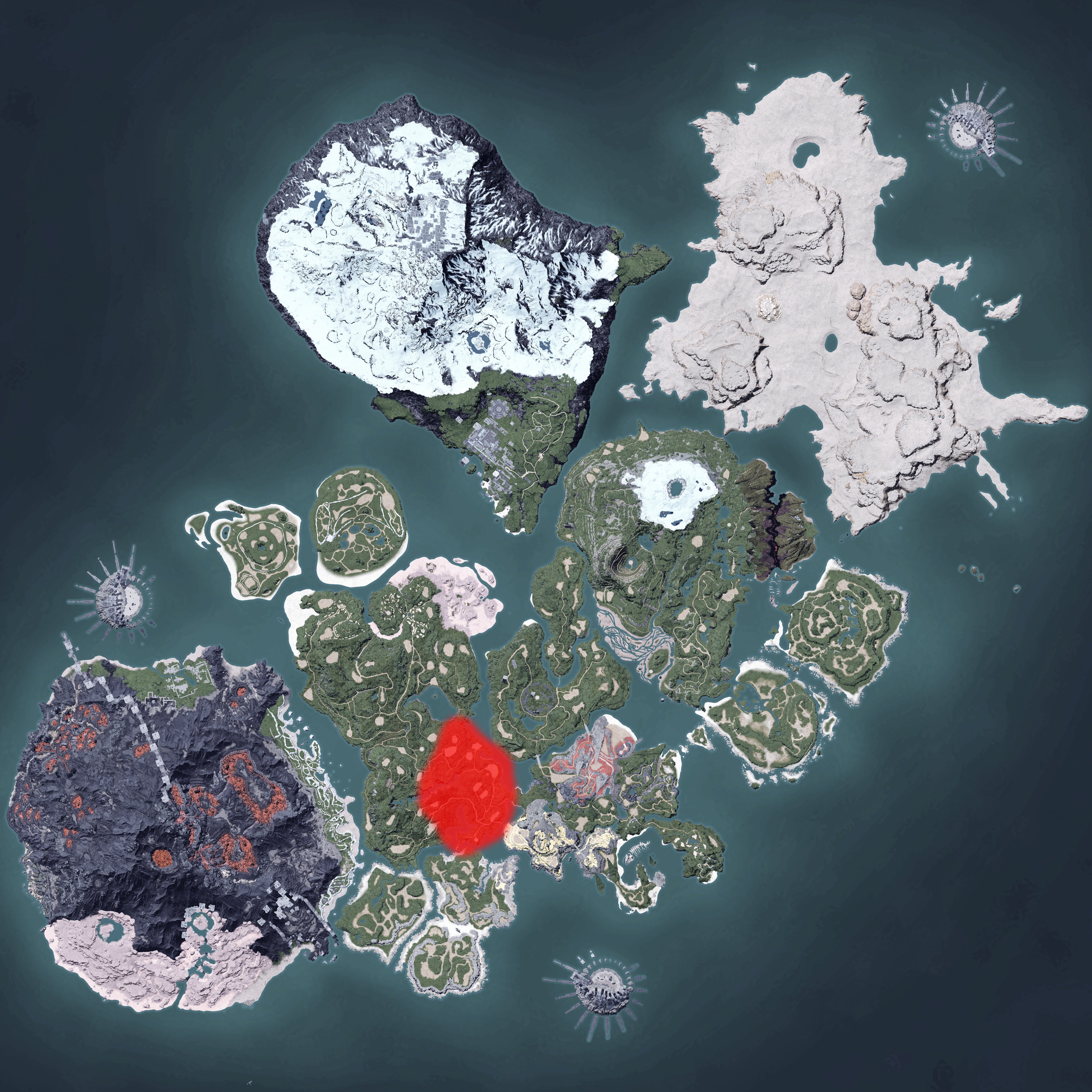 The Palworld map, with a heatmap overlay of various pal spawn locations.