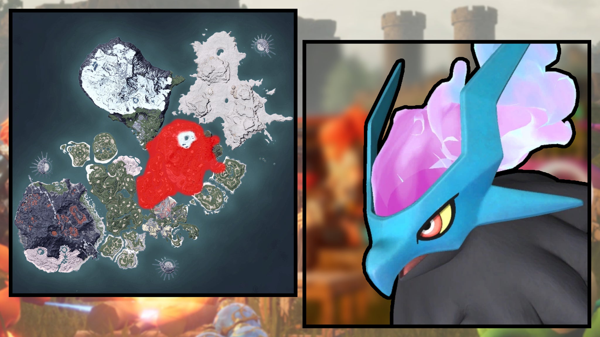 A screenshot of a Helzephyr in Palworld, next to a heatmap of their spawn locations. - 122