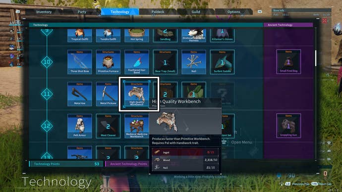 palworld high quality workbench recipe unlock has been highlighted in the technology menu