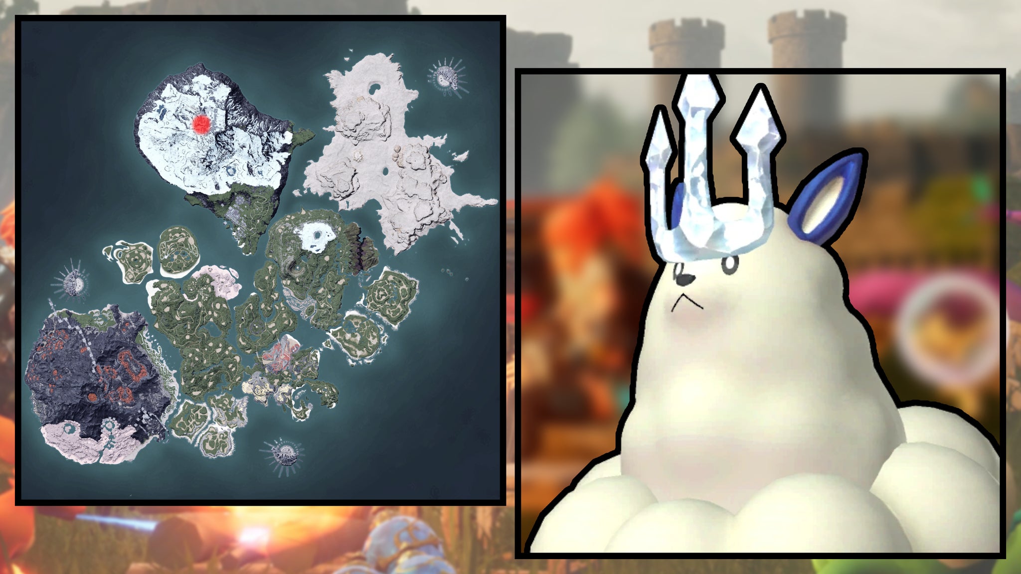 A screenshot of a Ice Kingpaca in Palworld, next to a heatmap of their spawn locations. - 112