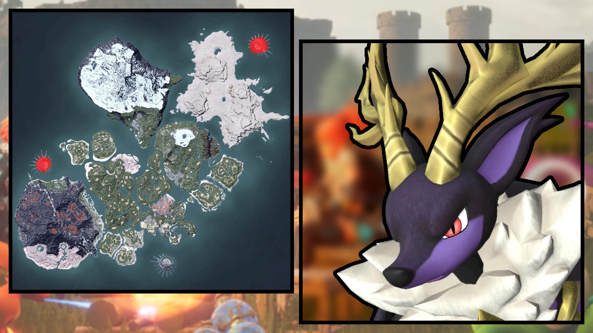 A screenshot of an Incineram Noct in Palworld, next to a heatmap of their spawn locations. - 50