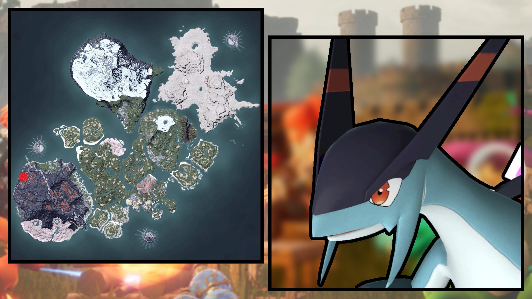 A screenshot of a Jetragon in Palworld, next to a heatmap of their spawn locations. - 140