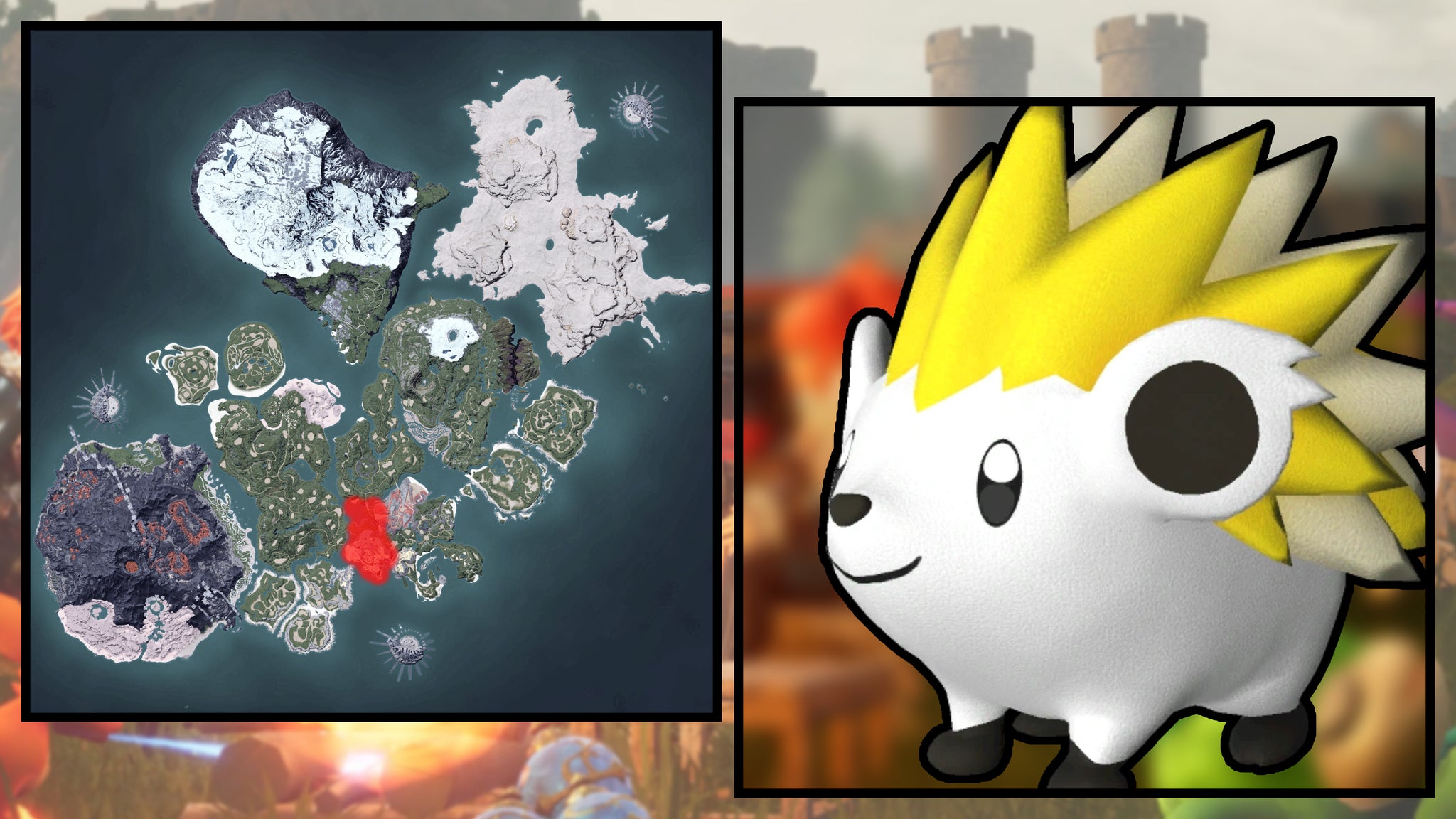 A screenshot of a Jolthog in Palworld, next to a heatmap of their spawn locations. - 15