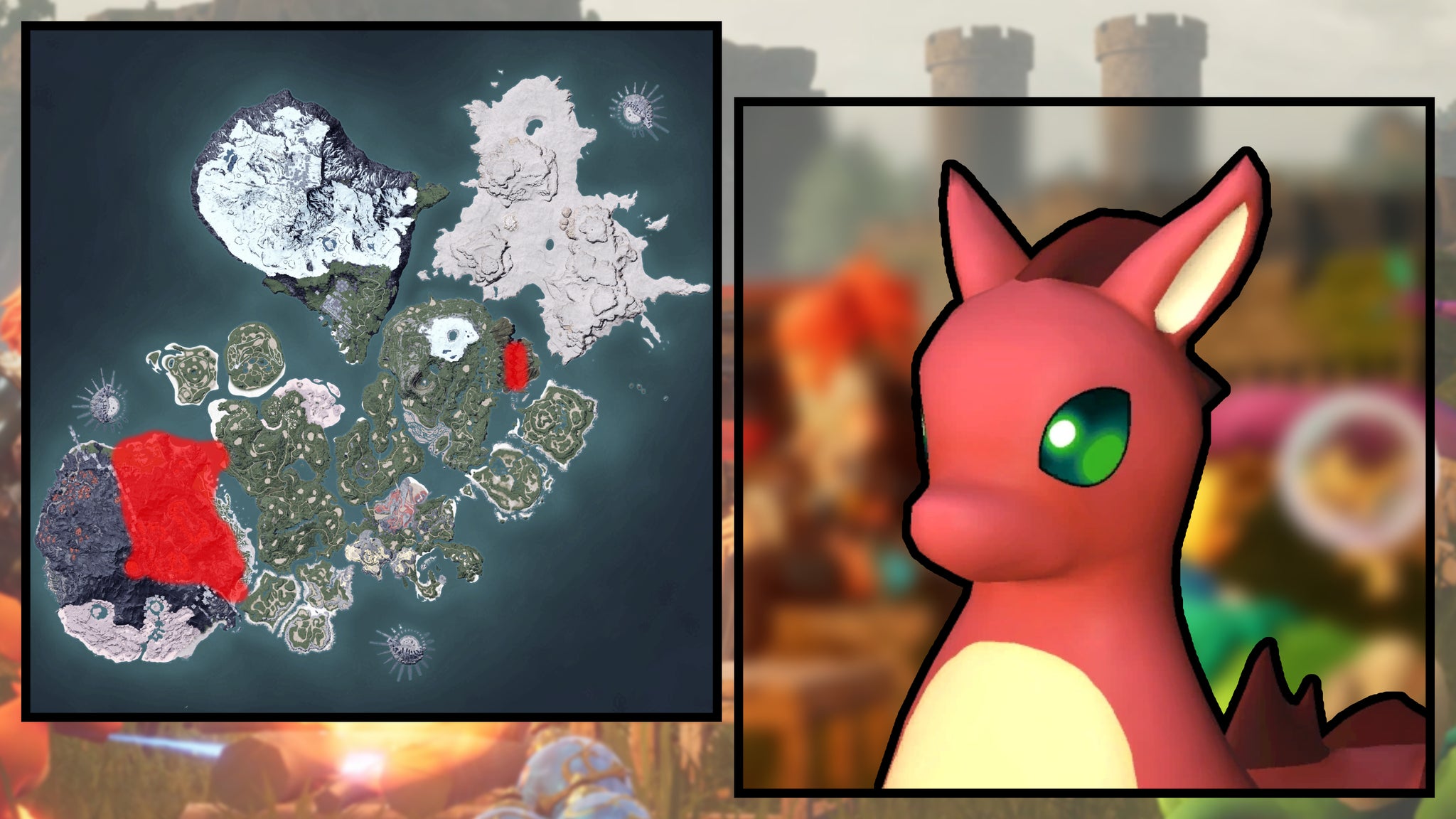 A screenshot of a Kelpsea Ignis in Palworld, next to a heatmap of their spawn locations. - 99