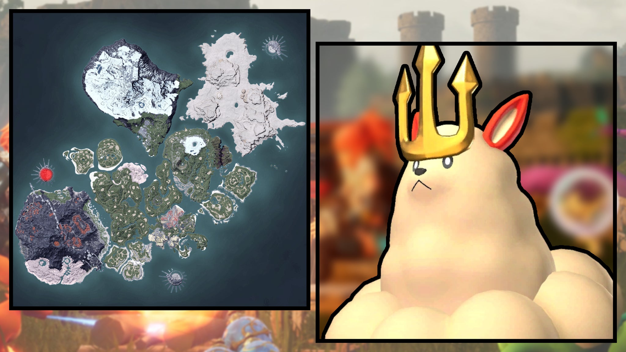 A screenshot of a Kingpaca in Palworld, next to a heatmap of their spawn locations. - 111