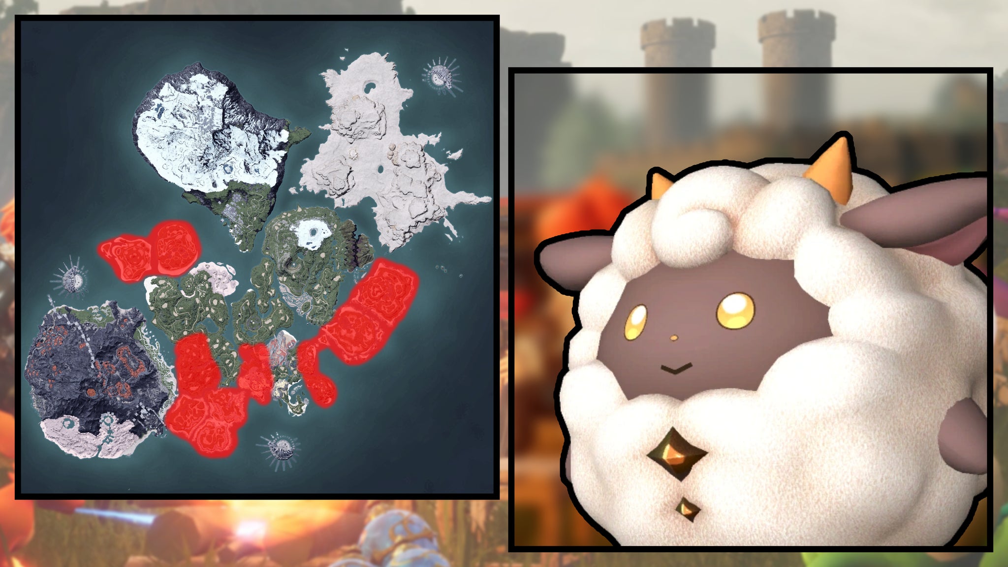 A screenshot of a Lamball in Palworld, next to a heatmap of their spawn locations. - 4