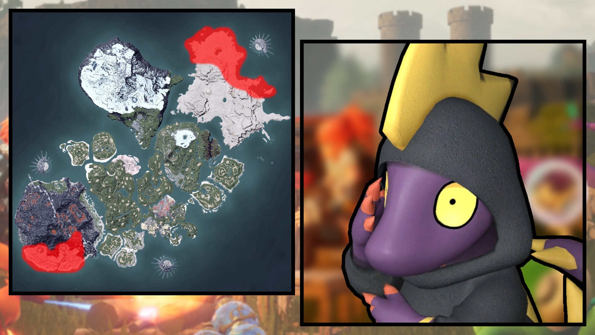 A screenshot of a Leezpunk in Palworld, next to a heatmap of their spawn locations. - 55