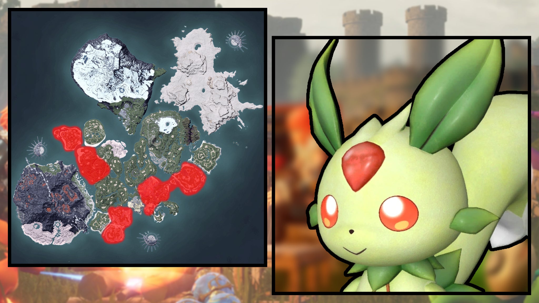 A screenshot of a Lifmunk in Palworld, next to a heatmap of their spawn locations. - 7