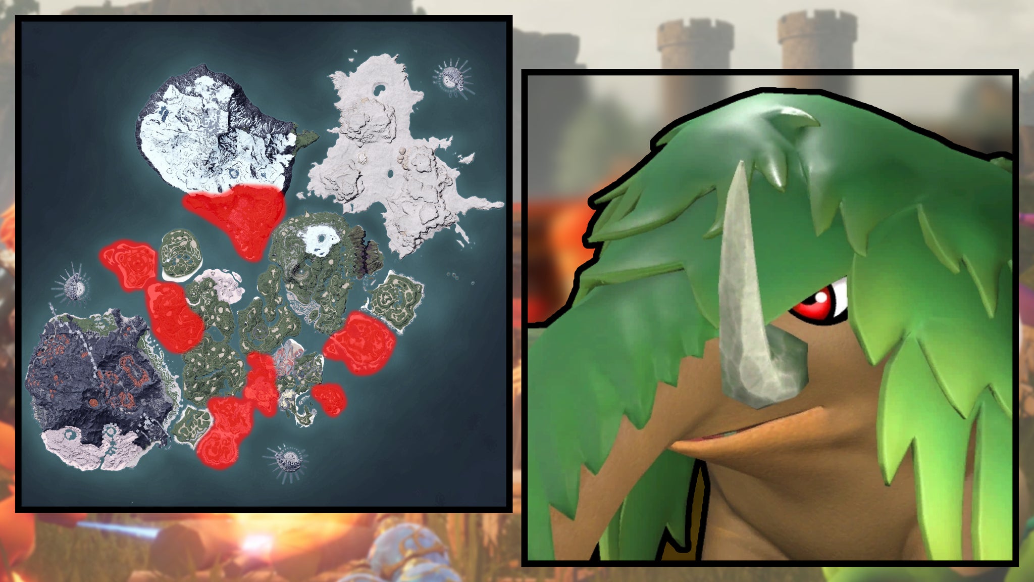 A screenshot of a Mammorest in Palworld, next to a heatmap of their spawn locations. - 113