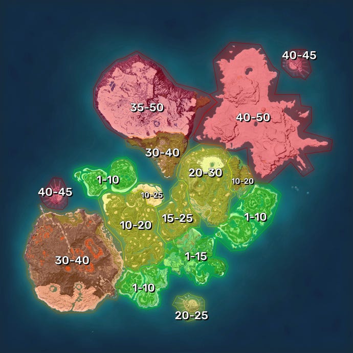 The map of Palworld, with the different islands and regions colour-coded and annotated based on their recommended area levels.