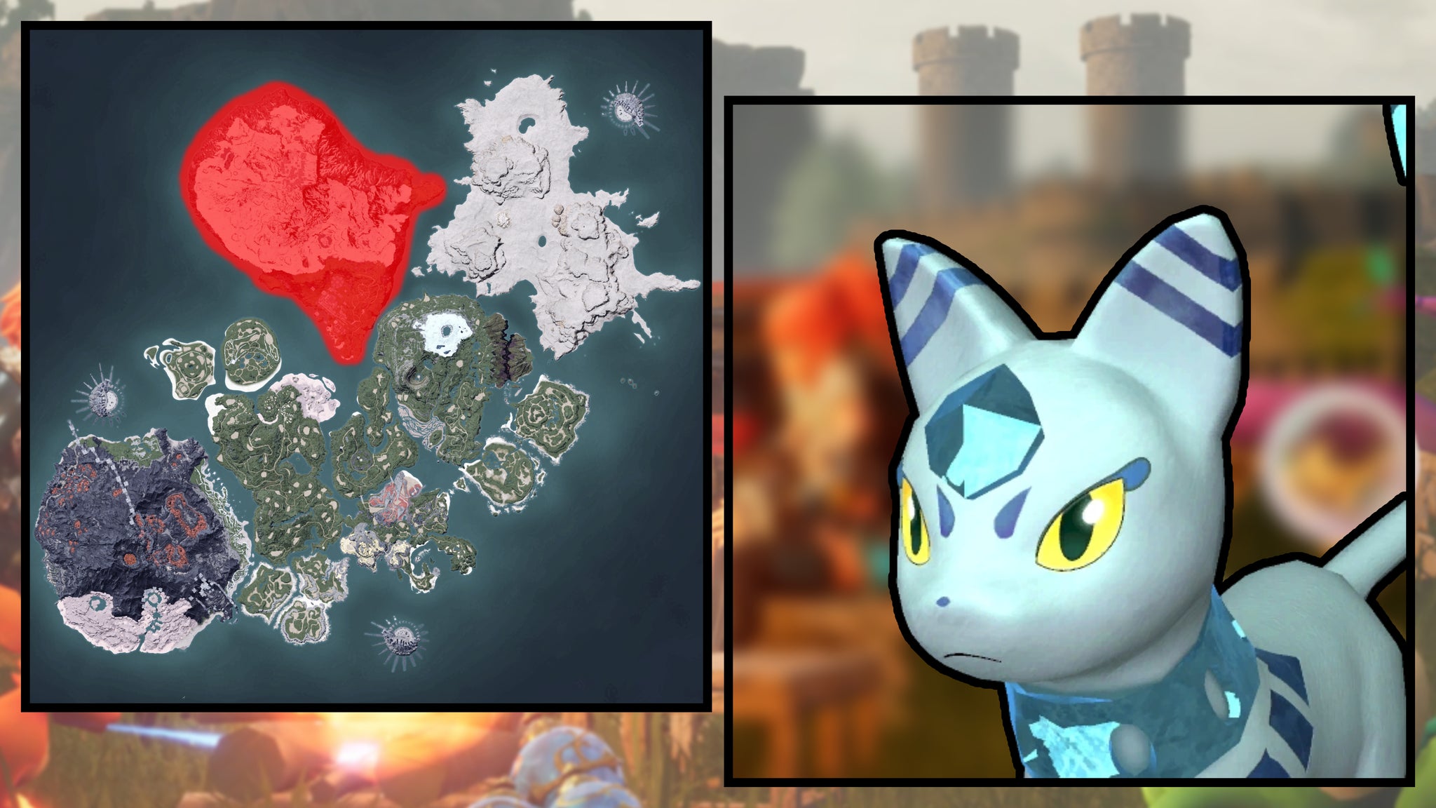 A screenshot of a Mau Cryst in Palworld, next to a heatmap of their spawn locations. - 29