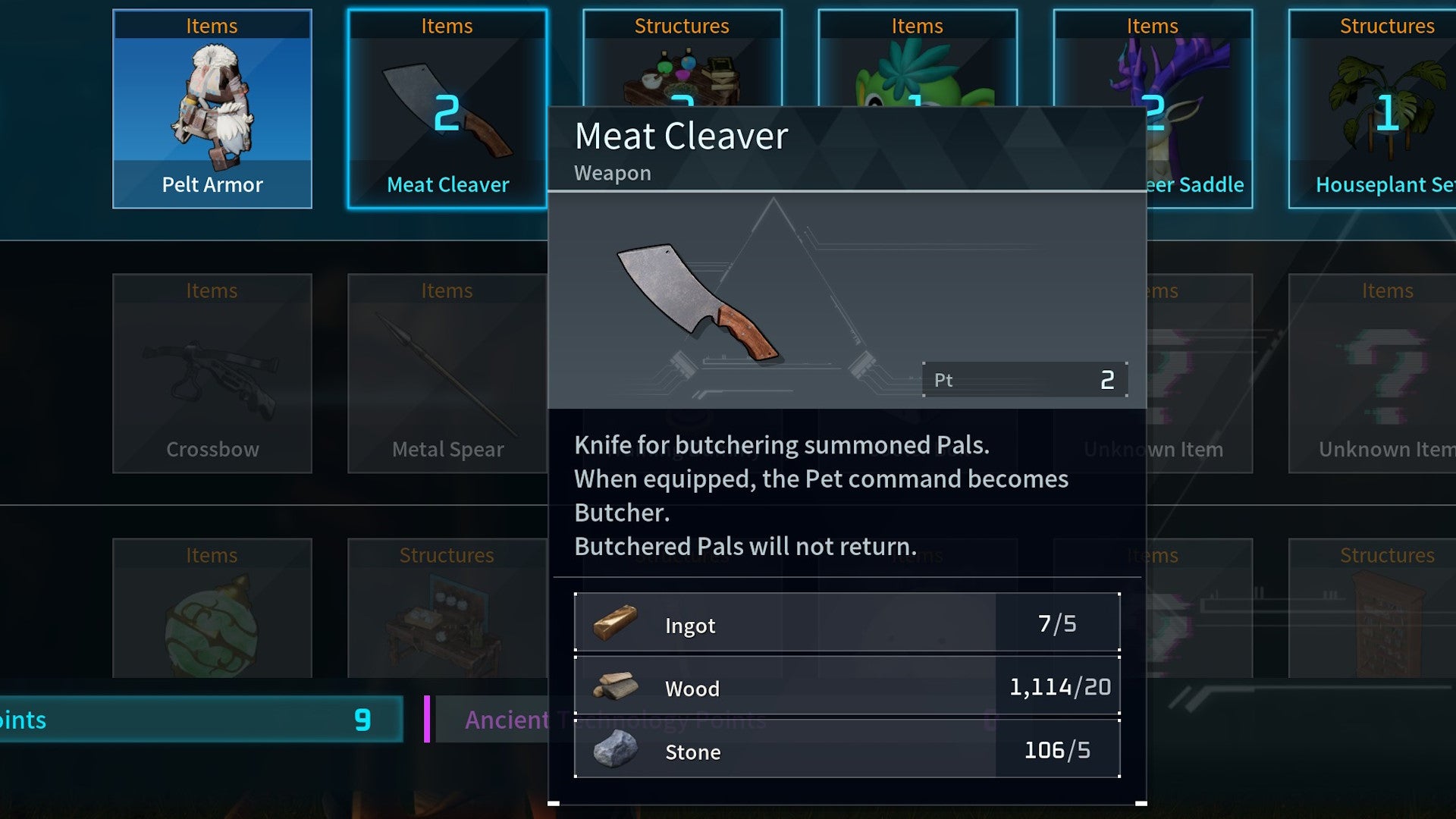 The Meat Cleaver menu screen in the Technology menu in Palworld - 3